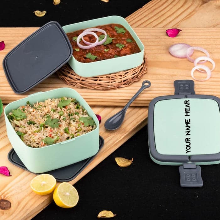 Customized GREEN DOUBLE-LAYER PORTABLE LUNCH BOX STACKABLE WITH CARRYING HANDLE AND SPOON LUNCH BOX , Bento Lunch Box — image 1